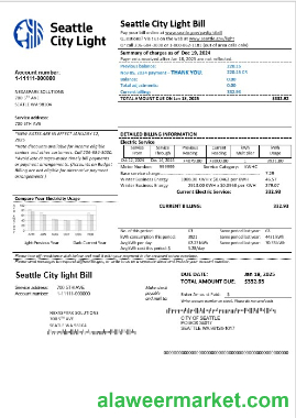 USA Washington Seattle City Light business utility bill template in Word and PDF formats